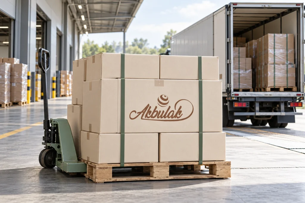 Representative scene with the Akbulak logo depicting distribution activity with palletized boxes and a loading area.