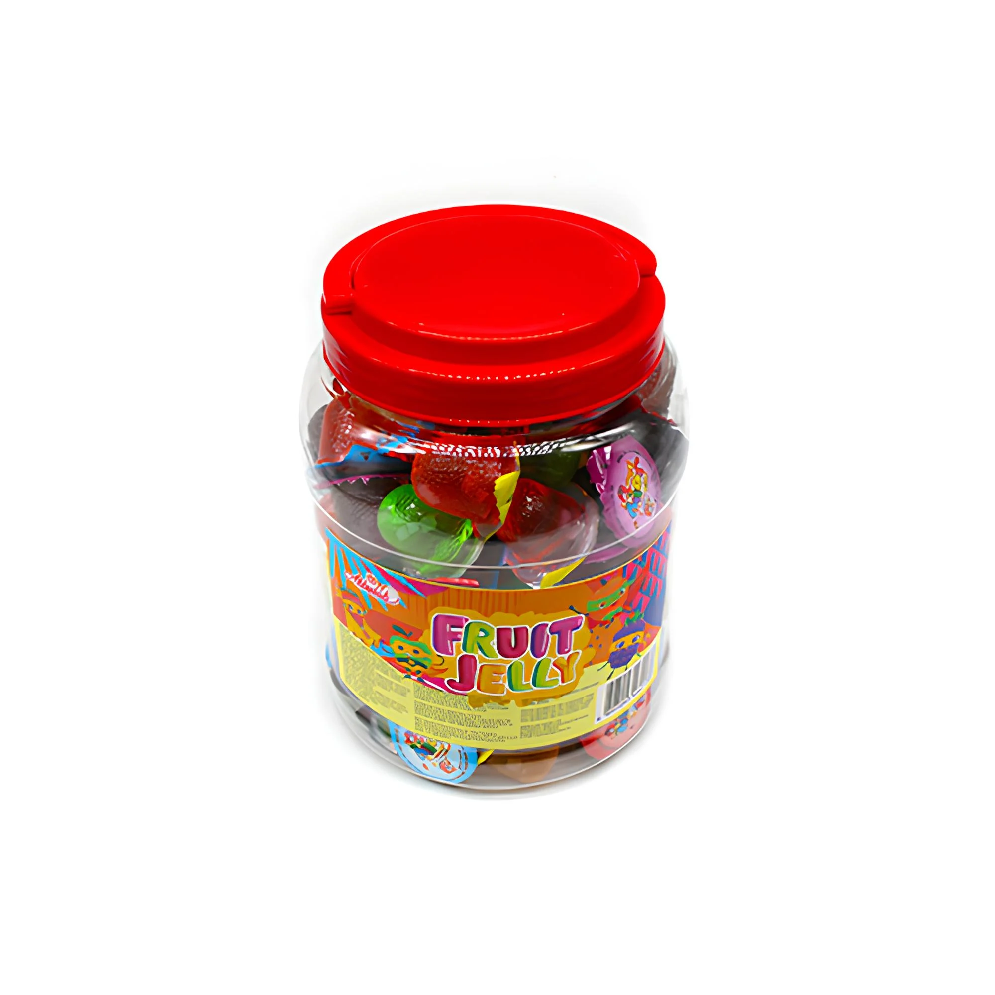 红盖、贴有“Fruit Jelly”标签的透明罐，内有彩色果冻杯