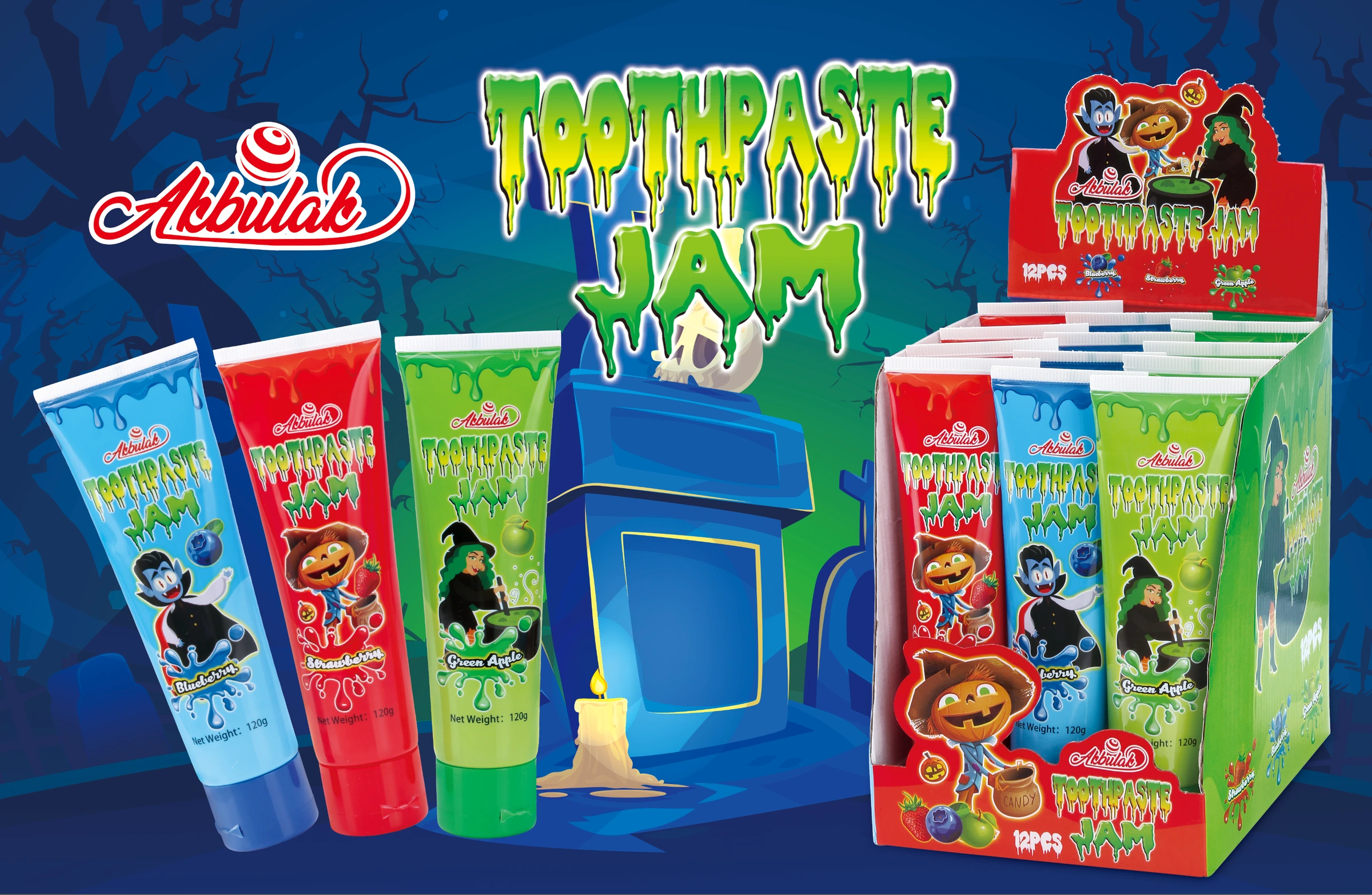 深蓝色墓地主题背景上写有“Toothpaste Jam”的三支彩色软管和展示盒