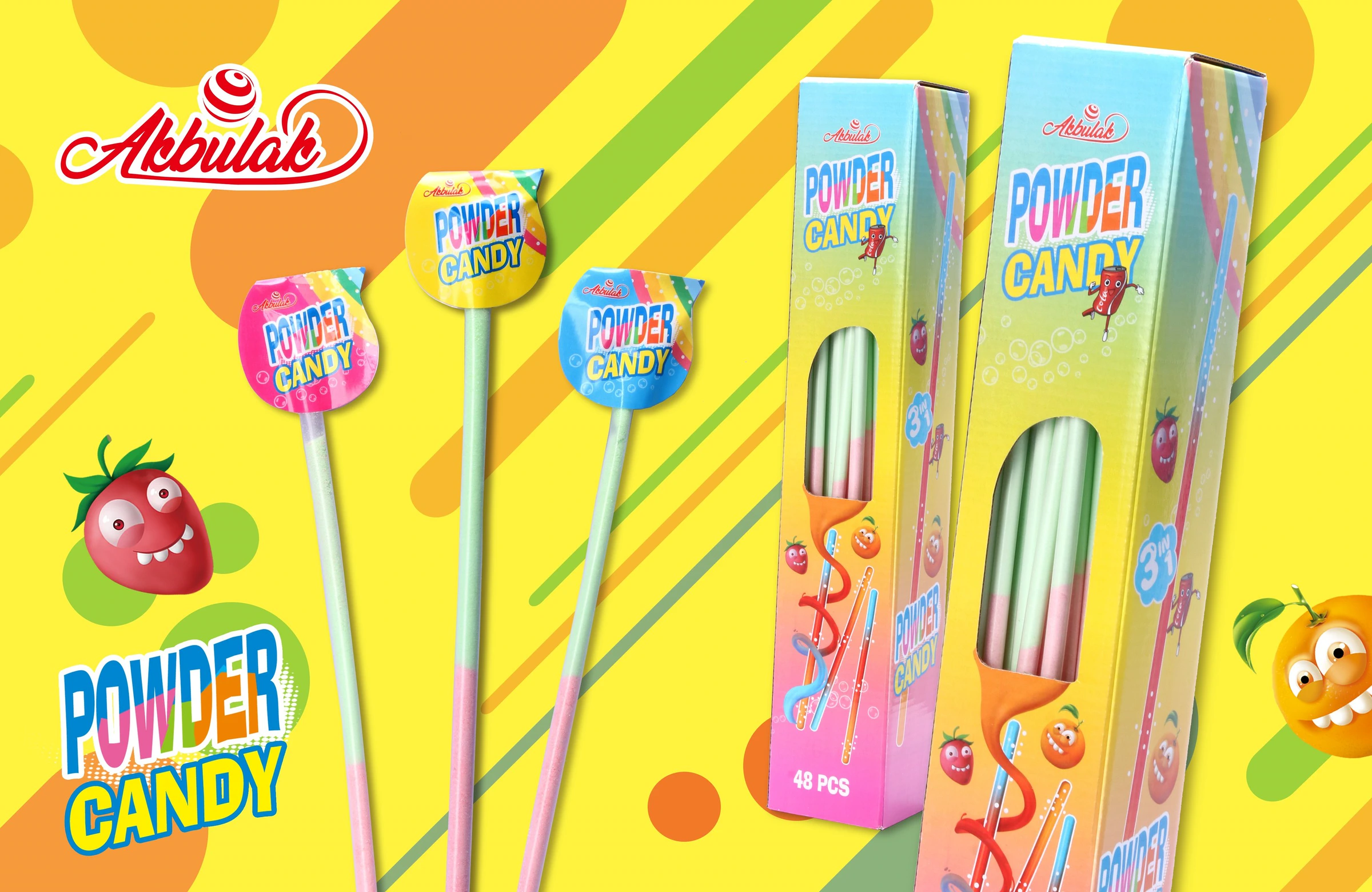 黄色背景上写有“Powder Candy”的三根棒棒糖和两个产品盒